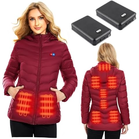 QTREE intelligence Heated Jacket for women with 2PCS 10000mAh Power Bank, 9 Heating Areas Winter Slim Fit Jackets and Detachable Hood(XL) Cover