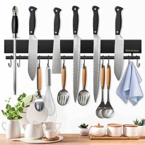 Rekehome Magnetic Knife Holder 43cm Black Magnetic Knife Strip with 10 Hooks Magnet Knife Rack No Drilling with Extra Strong Magnet