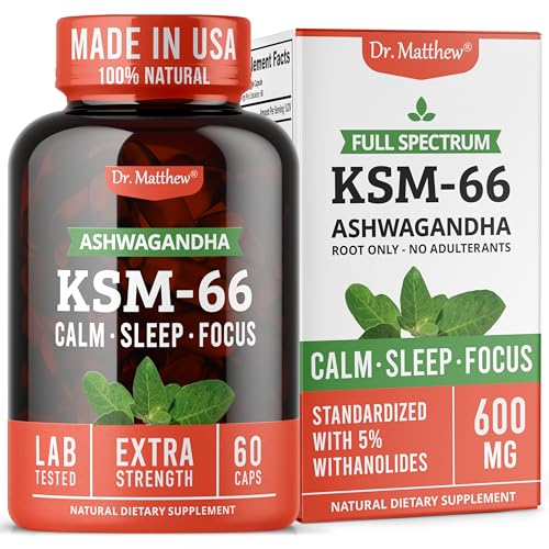 Ashwagandha KSM 66 Organic – KSM-66 ashwagandha 600mg Root Extract Full Spectrum Capsules | Standardized 5% Withanolides | Natural Stress Relief, Cortisol & Sleep Aid Supplement | Muscle Growth & Mood