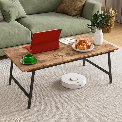 Crocofair Black Coffee Table Foldable,Simple Modern Rectangular Center Table, Industrial Wood Tabletop and Metal Frame, Low Coffee Table for Home Office, Living Room,No Assembly,Rustic Brown