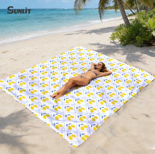 Sunlit Large Beach Blanket Waterproof Sand Proof, 81\" x106\" Sand Free Mat with Corner Pockets and Storage Bag, for Travel Beach Camping Outdoor Festival, Chic Summer Accent Lemon Lattice