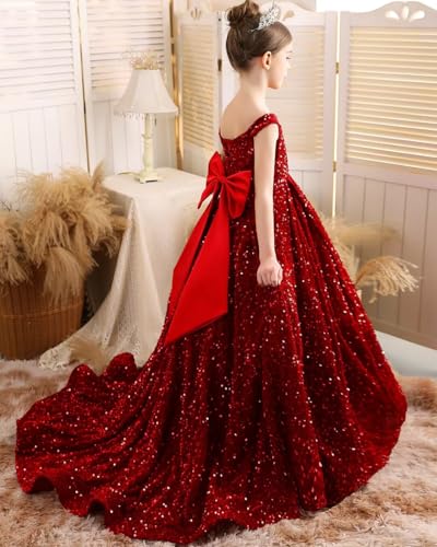 Off Shoulder Sequin Pageant Dresses for Girls Long Ball Gown with Bow Formal Prom Party Dress with Train4