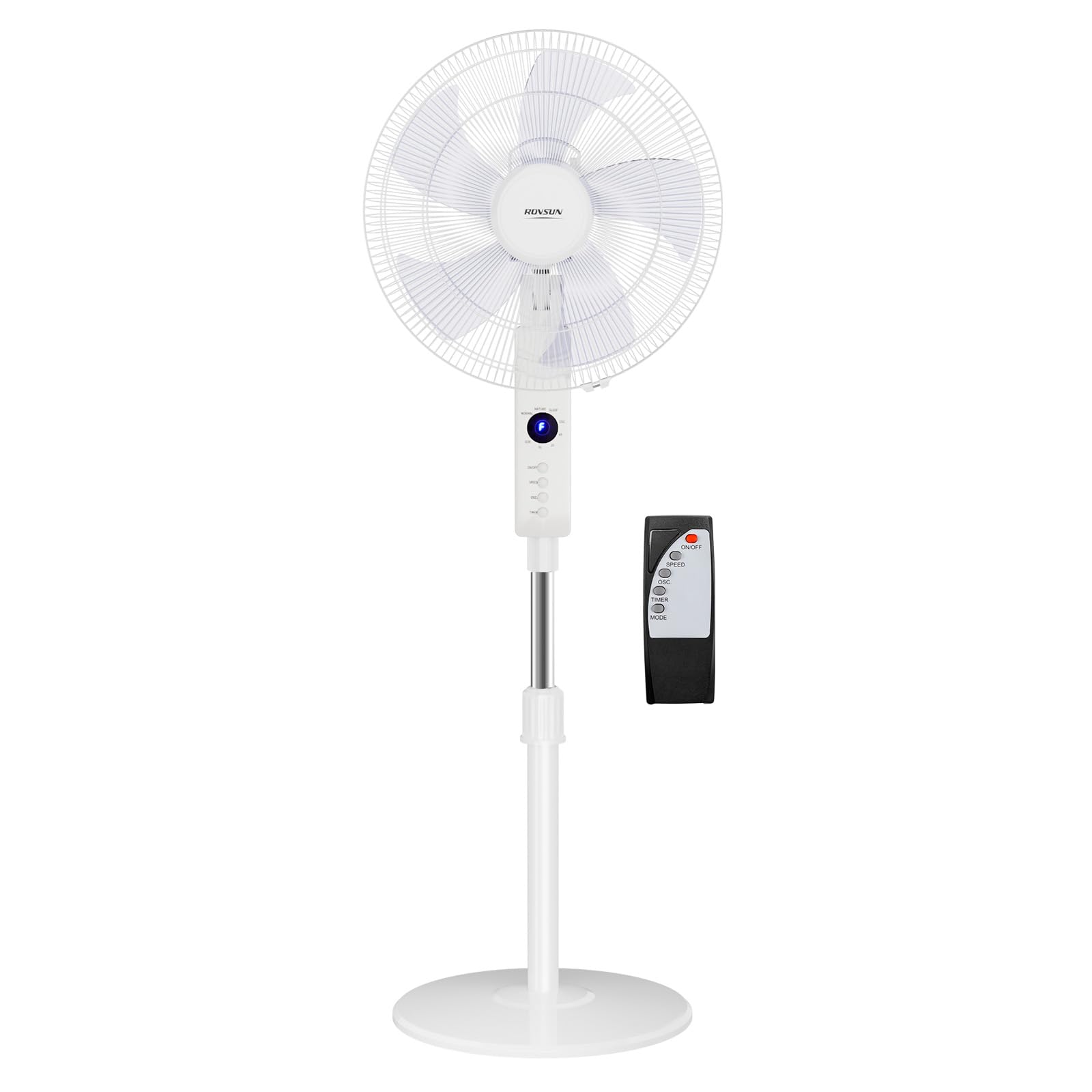 ROVSUN 16" Pedestal Fan with Remote Control - 3 Speed 5 Blades Floor Fan with Wide Angled Oscillation - 115cm-130cm Adjustable Height, 7.5 Timer, for Home Offices Bedroom (White)