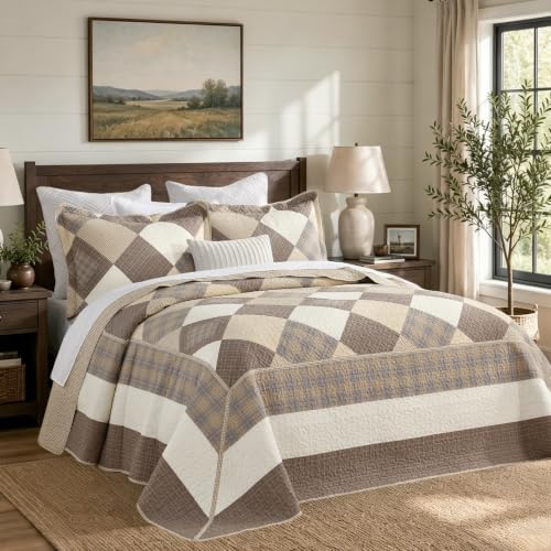 Image of Oversized Bedspreads Queen Size 102 inchx120 inch - 100% Cotton Lightweight Farmhouse Quilt with 2 Pillow Shams, Printed Diamond Plaid Quilted Bedding Coverlet for All Season, Brown /Beige /Khaki