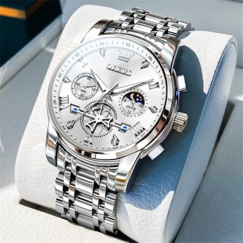 Image of OLEVS Watches Men Waterproof Luxury Big Face Mens Watch Stainless Steel Quartz Analog Dress Watches for Men Luminous Multifunction Man Watch Relojes De Hombre
