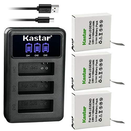 Kastar 3 Pack Battery and LCD Triple USB Charger Compatible with SJCAM SJ6 Legend SJCAM SJ 6 Battery and Charger, SJCAM SJ6 Legend 4K Action Camera, SJCAM SJ6 Legend Sport Camera