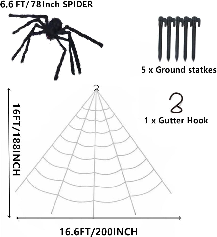 AISENO Halloween Decorations 200" Spider Web and 78" Giant Spider Virtual Realistic Hairy Spider for Indoor Outdoor Decor