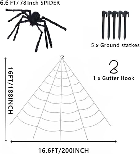 Miniatura 2 de AOGU Telaraña de Halloween de 200 pulgadas + decoración de araña gigante de 78 pulgadas, araña falsa con tela de araña enorme triangular para