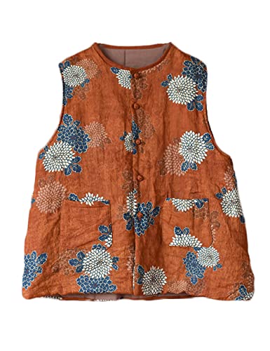 NFYM Womens Thin Quilted Lightweight Vest Cotton Linen Printed Spring Vintage Padded Outwear