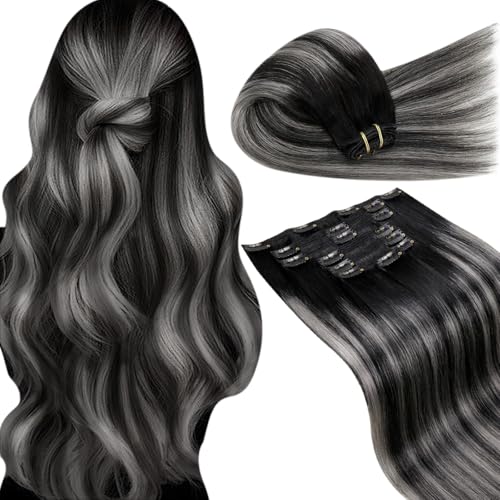 Image of LaaVoo Human Hair Clip in Extensions Ombre Black to Silver Grey Balayage Hair Extensions Clip ins Silver Balayage Human Hair Extensions Clip ins 22 Inch 7pcs /150g