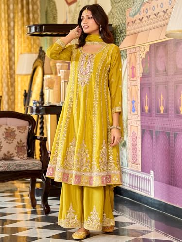 Image of INDO ERA Women's Anarkali Chinon Ethnic Motifs Embroidered Kurta & Palazzo with Dupatta Set (IEOUT10822)