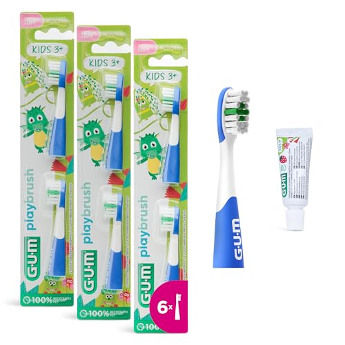 GUM Playbrush KIDS 3+ Bürstenköpfe | Kompatibel mit Playbrush elektrischer Zahnbürste | Extra weich | Extra kleiner Bürstenkopf | 3x2 Bürstenköpfe | 1x GUM KIDS Zahnpasta-Probe | Blau