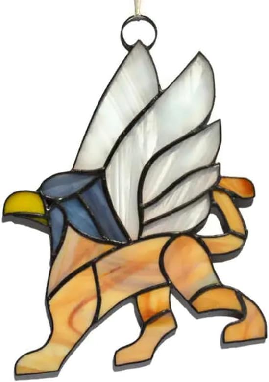 Gryphon Stained Glass Suncatcher Window Hanging or Wall Decor, Unique Gargoyle Decoration Home Office Dorm, Handcrafted Mythical Creature Griffin Ornament, Decorative Mystic Animal Griffon Art Panel