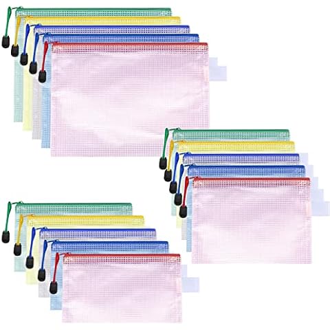 Pack of 15 Document Wallets, A4 + A5 + B6 Pockets with Zip, Mesh Bag with Zip, Plastic Document Folder, Zip Pocket, Waterproof for Files, Documents, Paper, Cosmetics Cover