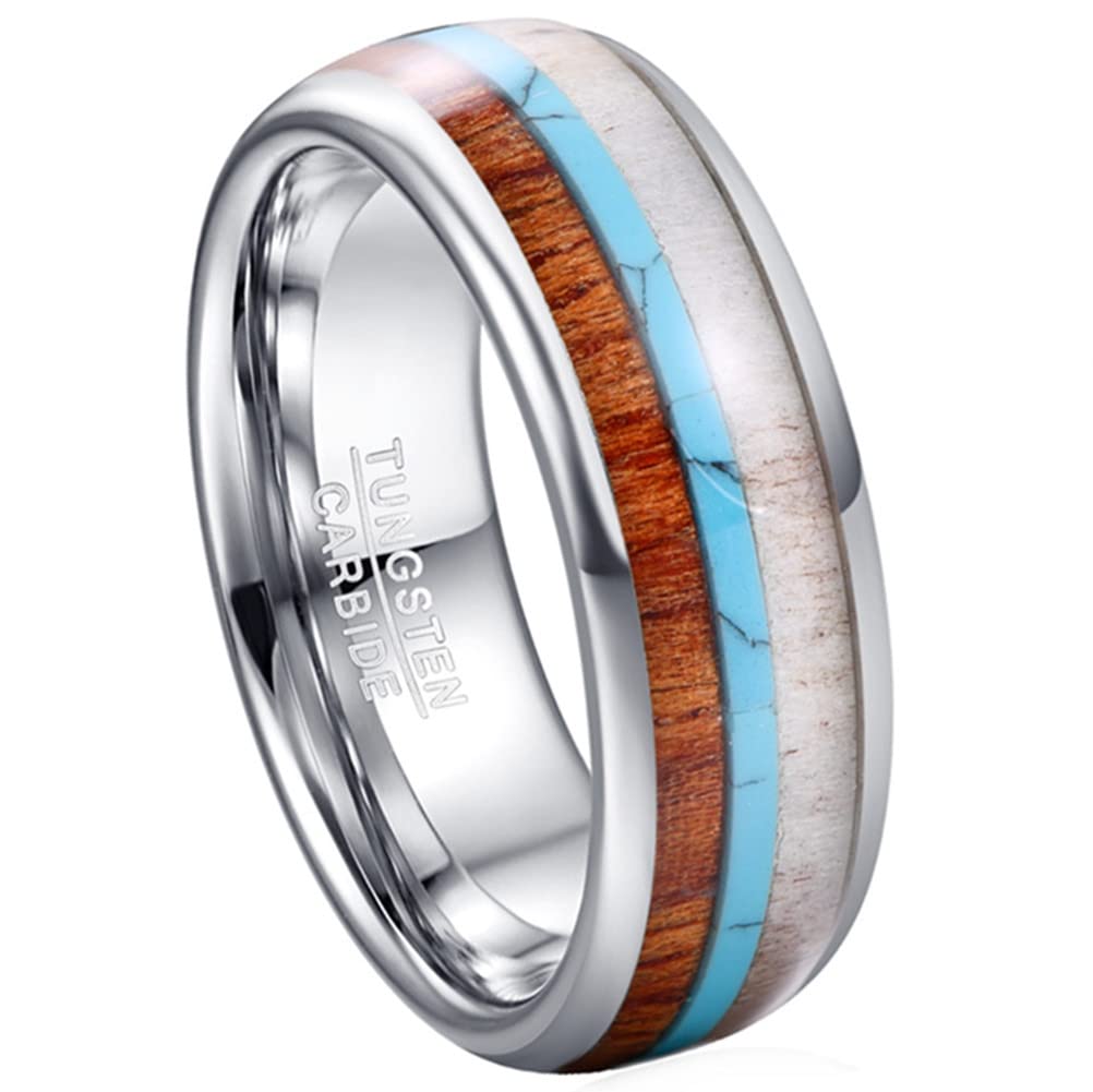 Corato8MM Tungsten Wood Rings for Men Women Deer Antler and Turquoise Inlay Wedding Bands Comfort Fit Size 7-12