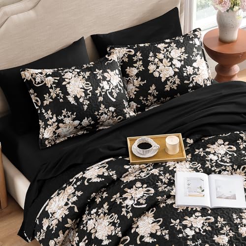 Image of Andency Quilt Queen Size, Black Flower Bedspread Queen Size, 3 Pieces Soft Bedding Set, Lightweight Coverlet Set for All Season with 2 Pillowcases (96 inchx90 inch)