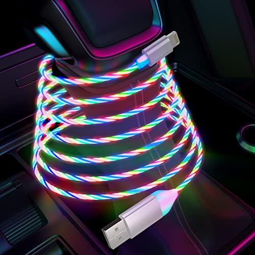 6FT LED Light Up Flowing iPhone Charging Cable Flat LED Lightning Charge Cord [MFi Certified ] Fast Charge&Sync Data Glowing Apple Charger Adapter for Car with iPhone 13/12 Pro Max/11 Pro/XR/X/8/iPad