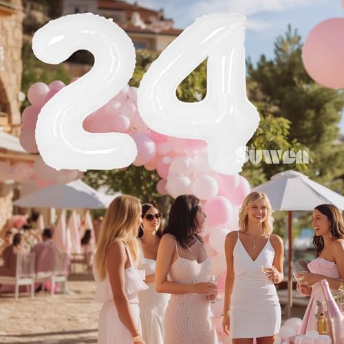 Image of SUWEN 40 Inch White Large 24 Balloon Number Big Foil Helium Numbers 0-9 | Giant Jumbo Happy 24th Birthday Party Decorations for Men or Women Huge Mylar 42 Anniversary Party Supplies