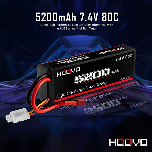 HOOVO 2S 7.4V 5200mAh 80C RC LiPo Battery Hard Case with Deans Connector for RC Buggy Vehicles Car Boat Truck (2 Pack)