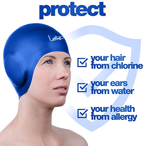 Swim Caps Ear Protection 3D - Swimming Cap for Women Men - Silicone Swim Cap Waterproof - Fits Long Hair & Short - Adult Swim Cap - Youth Swim Cap - Swim Hats (Bluebonnet Blue)