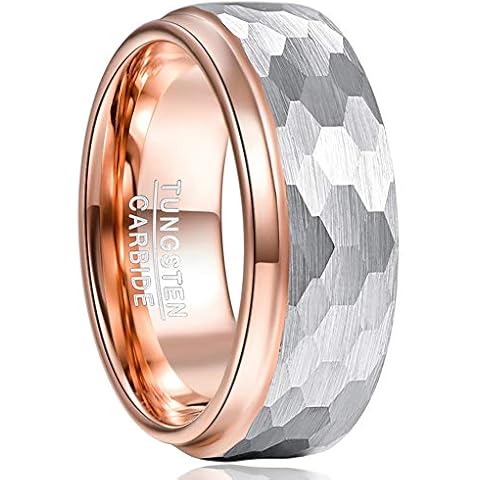 TUNGSTORY 8mm Mens Hammered Ring Multi-faceted Rose Gold Tungsten Wedding Ring Bands Step Edge Comfort Fit Size T 1/2 Cover