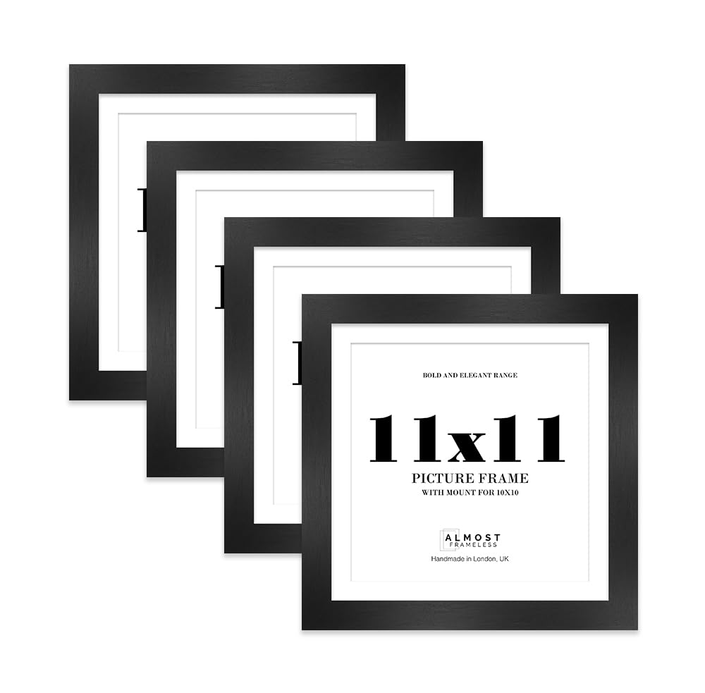 11x11" Black Square Frame With Mount for 10x10" Pictures 28mm Edge Frame Display with Wall Hooks and Kickstand, 4 Pack