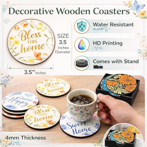 Image of Zesta Coasters for Cups Set of 6 / Wooden Coasters for Bar Accessories for Home /Tea Coaster Set of 6 / Waterproof Dining Table Decor Glass Cover (Modern Home, Circle)
