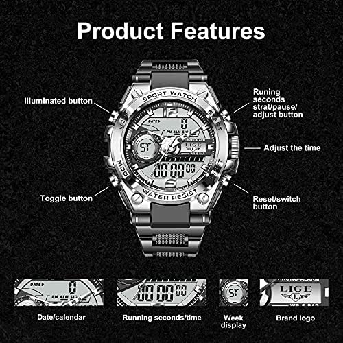 FEELNEVER Men's Digital Analog Watch with Alarm Timer, Military Watches LED Back Light Large Screen 50 ATM Waterproof Sports Tactical Watch for Men