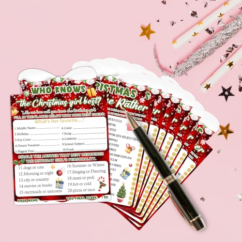 Image of Christmas Card Game, Christmas Bow Themed Party Activities and Creative Supplies, Who Knows The Christmas Girl?, Christmas Supplies Set, 20 Game Cards (4x6 inches)