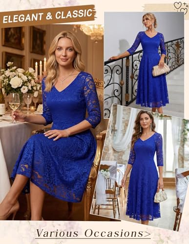 Image of Dressystar Womens Long-Sleeve Wedding Guest Dress A-Line Lace Formal Party Cocktail Midi Dress Prom Gown