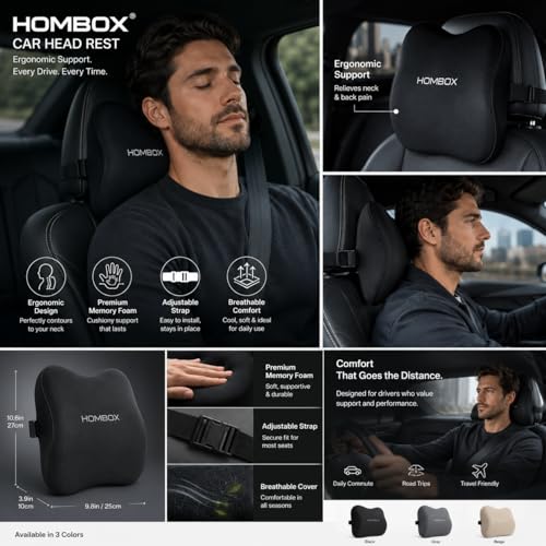 Image of HOMBOX Car Neck Rest Pillow | Ultrasoft Pillow for Comfortable Car Rides | Superior Neck Support Cushion | Relieves Neck Pain | Memory Foam Head Rest Pillow with Washable Velvet Cover | Black