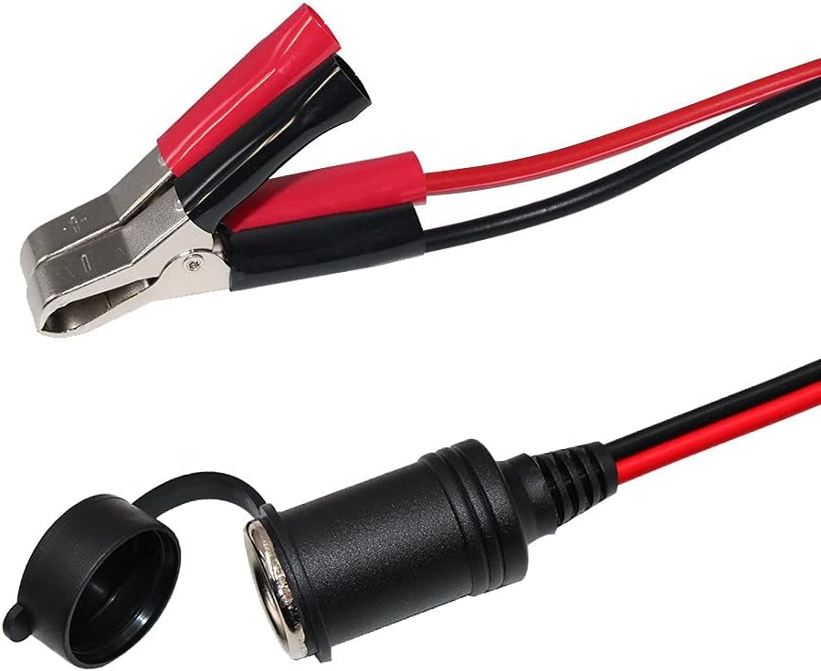 Cigarette Lighter Extension Socket - Battery Alligator Clips to Car Female Cigarette Lighter Light Extender Cable 12V-24V Battery Clamp-on Cord 14AWG Charger Cable 15A Fuse (12FT)