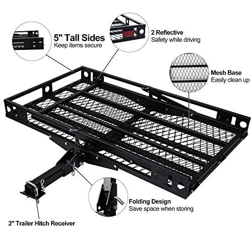 Carsty 48.8" X 27.8" Trailer Hitch Cargo Carrier 500Lbs Utility Basket With 42" Folding Wheelchair Ramp For Wheelchair Scooter Lawn Mower Snow Blower Hauler, Fits 2'' Trailer Mounted Hitches, Black #TOP1