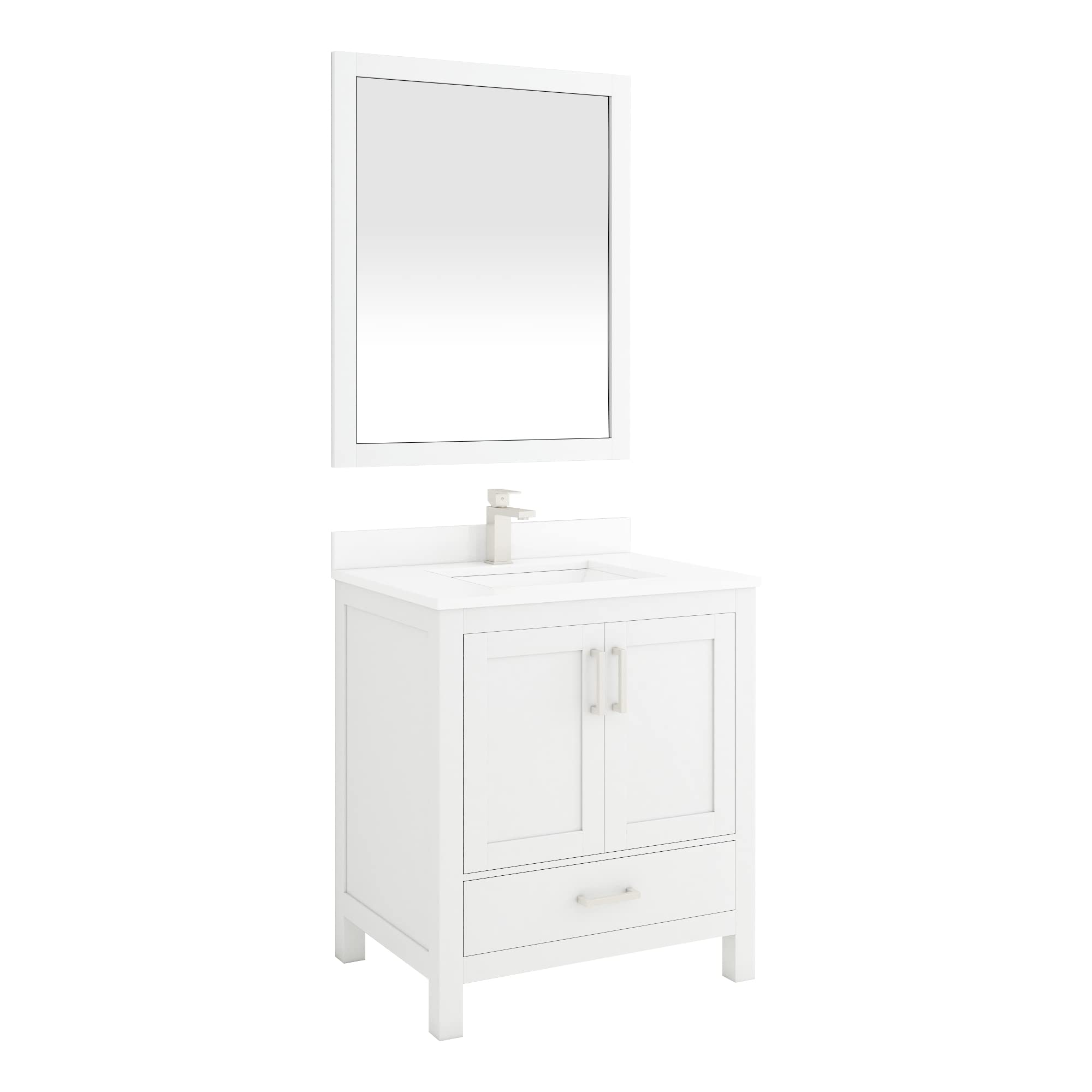 Rooh 30 inch White Bathroom Vanity Set with White Quartz Countertop & Matching Mirror | Brushed Nickel Hardware | AVR30WH3102