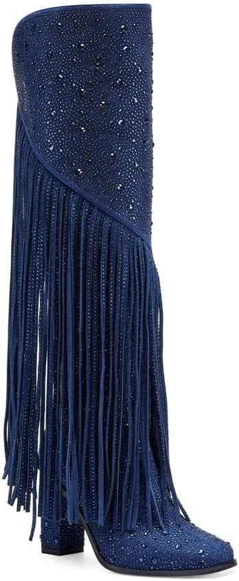 CKSNDLF Botas con borlas y diamantes de imitación para mujer, punta cuadrada, tacón grueso, botas altas hasta la rodilla