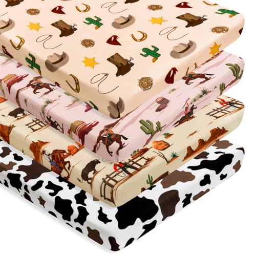 Image of 4 Pack Western Cowboy Crib Sheets Neutral Breathable Fitted Baby Sheets Nursery Sheets for Baby Boys or Girls (Pack N Play Sheet)