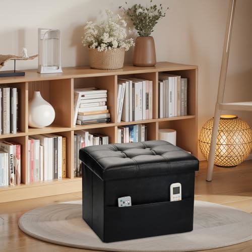 Image of Bsketa Storage Ottoman Bench,17 Inch Folding Leather Foot Rest Stool, Black | Small Ottoman with Side Pockets, Thicker Foam Padded Seat, Livingroom, Dorm, Bedroom, Easy to install, 43L,17x13x13in