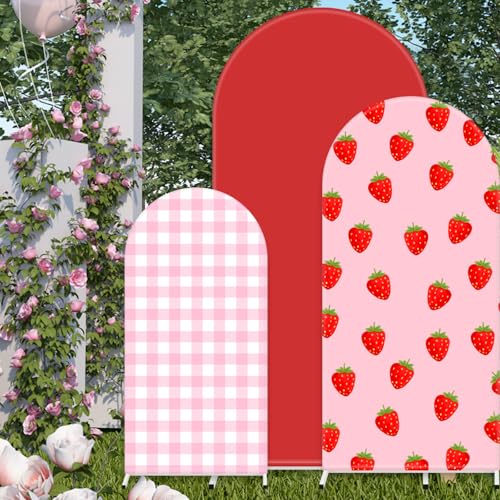 JarThenaAMCS 3Pcs Strawberry Arch Backdrop Cover, Red Pink Plaids, 4/5/6FT by JarThenaAMCS - Used condition - Image 4