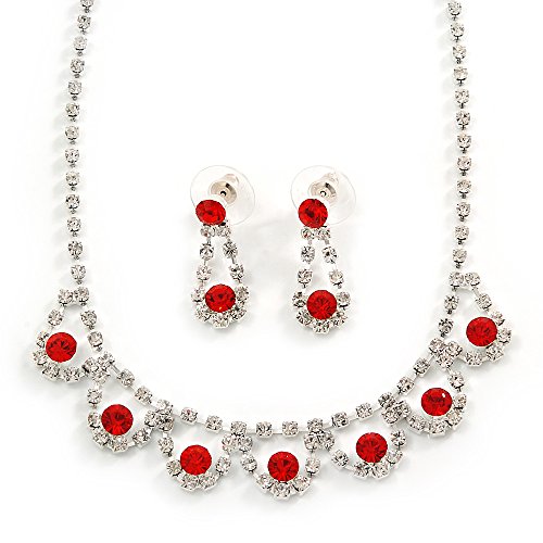 Juego de collar y pendientes rojos de cristal para novia con extensión ajustable de 6 cm