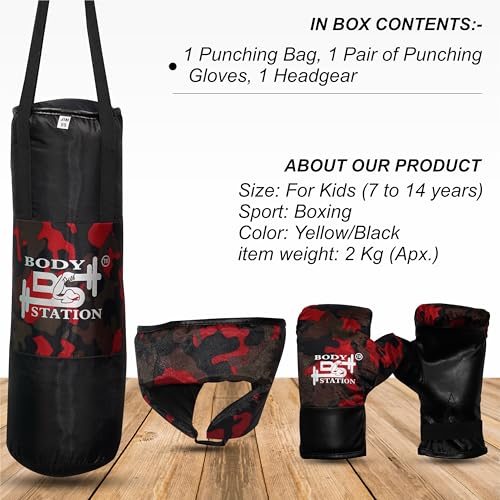 Image of Kids Champ Junior Punching Set | 1 Punching Bag, 1 Head Guard, 2 Gloves | Boxing Training Punching Bag & Gloves for Boys & Girls | for 3 to 10 Years Kids (Set of 4) (Red Camo)