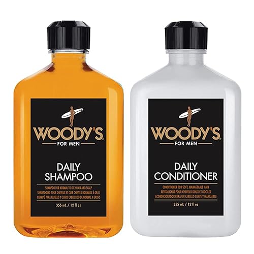 Woody's Champú y acondicionador diario para hombres, limpia e hidrata, para cabello normal a graso, 12 onzas cada uno