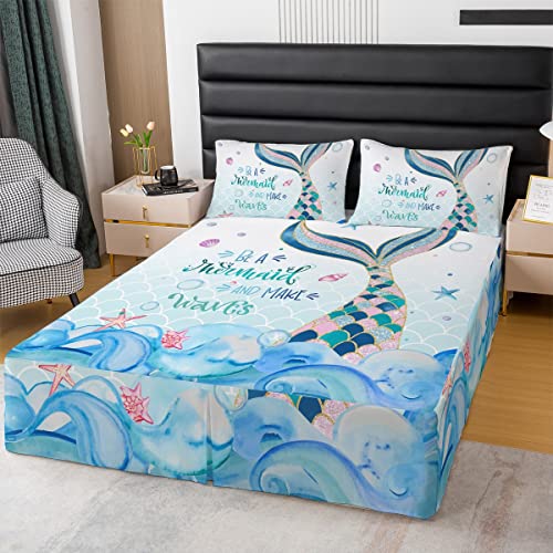 Erosebridal Little Mermaid Bed Skirt Full Kids Cute Mermaid Tail Sequins Bedding Blue Pastel Gradient Bed Skirts Girly Kawaii Princess Bedroom Decor Fish Scales Bedskirt 3 Pcs with 2 Pillowcases