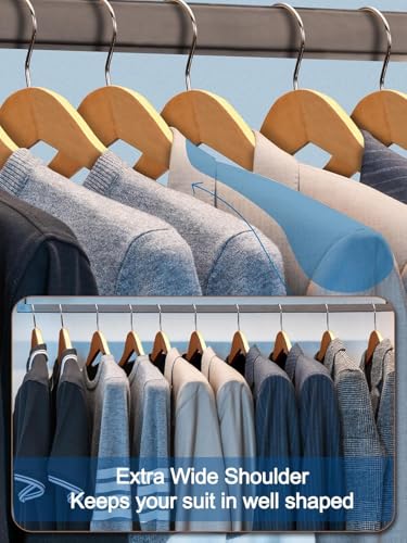 Image of Extra Wide Shoulder Wooden Coat Hangers | Heavy-Duty Wooden Hangers for Clothes | Non-Slip Suit Hanger with 360 Swivel Hook | Solid Wood Hanger for Coats & Jackets (10, Beige)