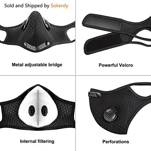 2 Pack Unisex Adjustable Reusable Protect Mouth Cover with 8 Carbon Filters and 8 Valves for Bicycle Riding Running Cycling Outdoor Sport Black - Thumbnail 5