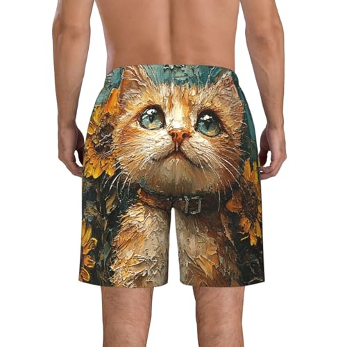 Men Swim Trunks Beach Shorts Swimwear Summer Bathing Suits - Sunflower Cat Art3