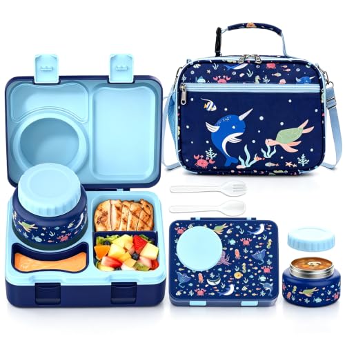 Image of Bento Box for Kids, Leakproof Kids Lunch Box with 8.5OZ Thermo Food Jar & Lunch Bag, 3-4 Compartments Toddler Insulated Lunch Box for Girls, BPA Free Lunch Containers for School Daycare