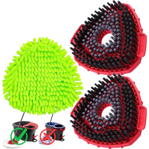 Mop Scrub Brush Replacement Head for Ocedar Easywring 1 Tank System, 2 Shower Floor Scrubber Hard Bristle Cleaning Brush, 1 Microfiber Chenille Pad Head for O Cedar Spin Mop