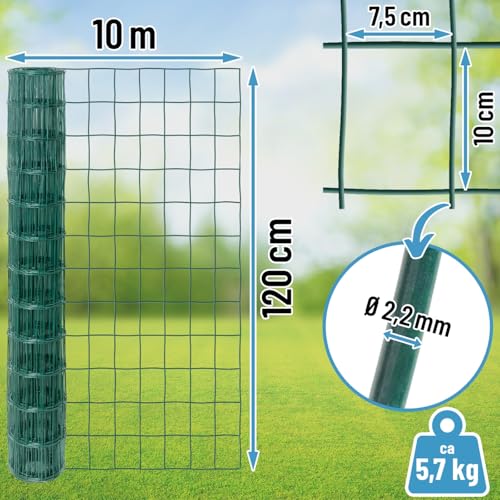 VOSS.garden 10m Gitterzaun 120cm Premium Maschendrahtzaun 100x75mm Gartenzaun Grün Wetterfest Punktgeschweißt
