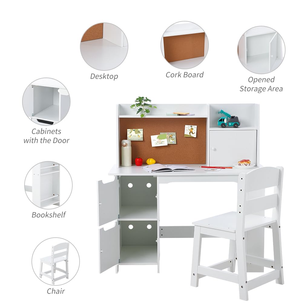 JoanKaren White Study Desk and Chair Set with Storage - Kids' Learning Table for Boys and Girls, Ages 3-8