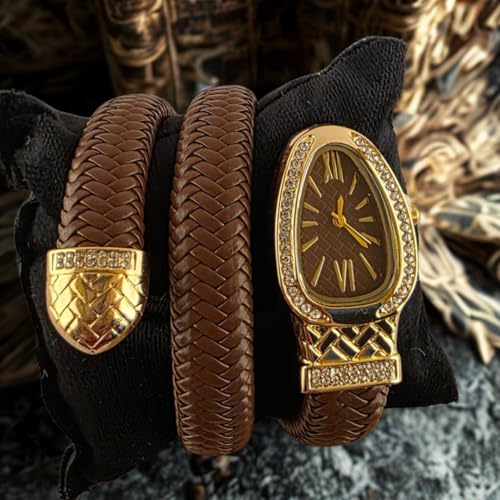 Image of Snake Wrap Watch for Women | Gold Plated Stainless Steel Bracelet Watch | Brown Leather Strap | Quartz Analog | Crystal Accent Dial